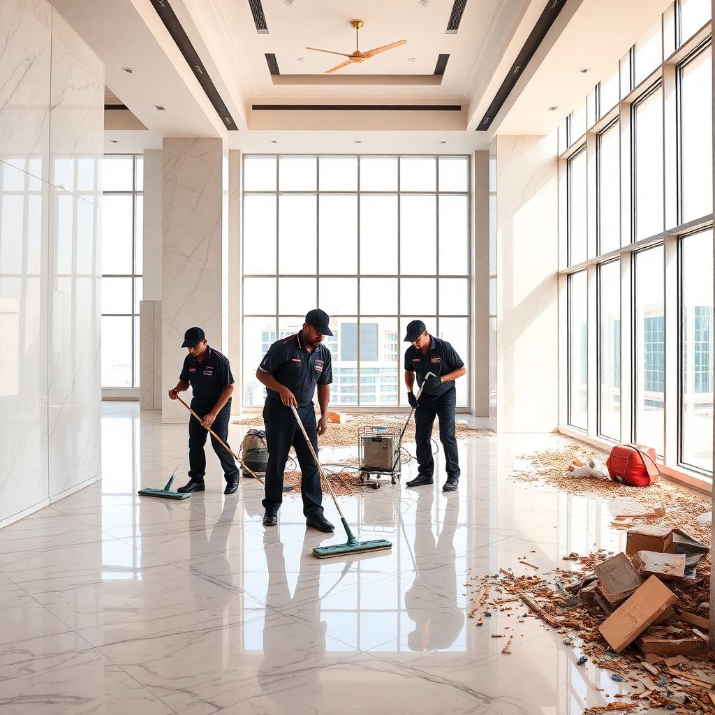 Merak Cleaning Solutions professional in uniform scrubbing and mopping a floor during post-construction cleaning in Nigeria