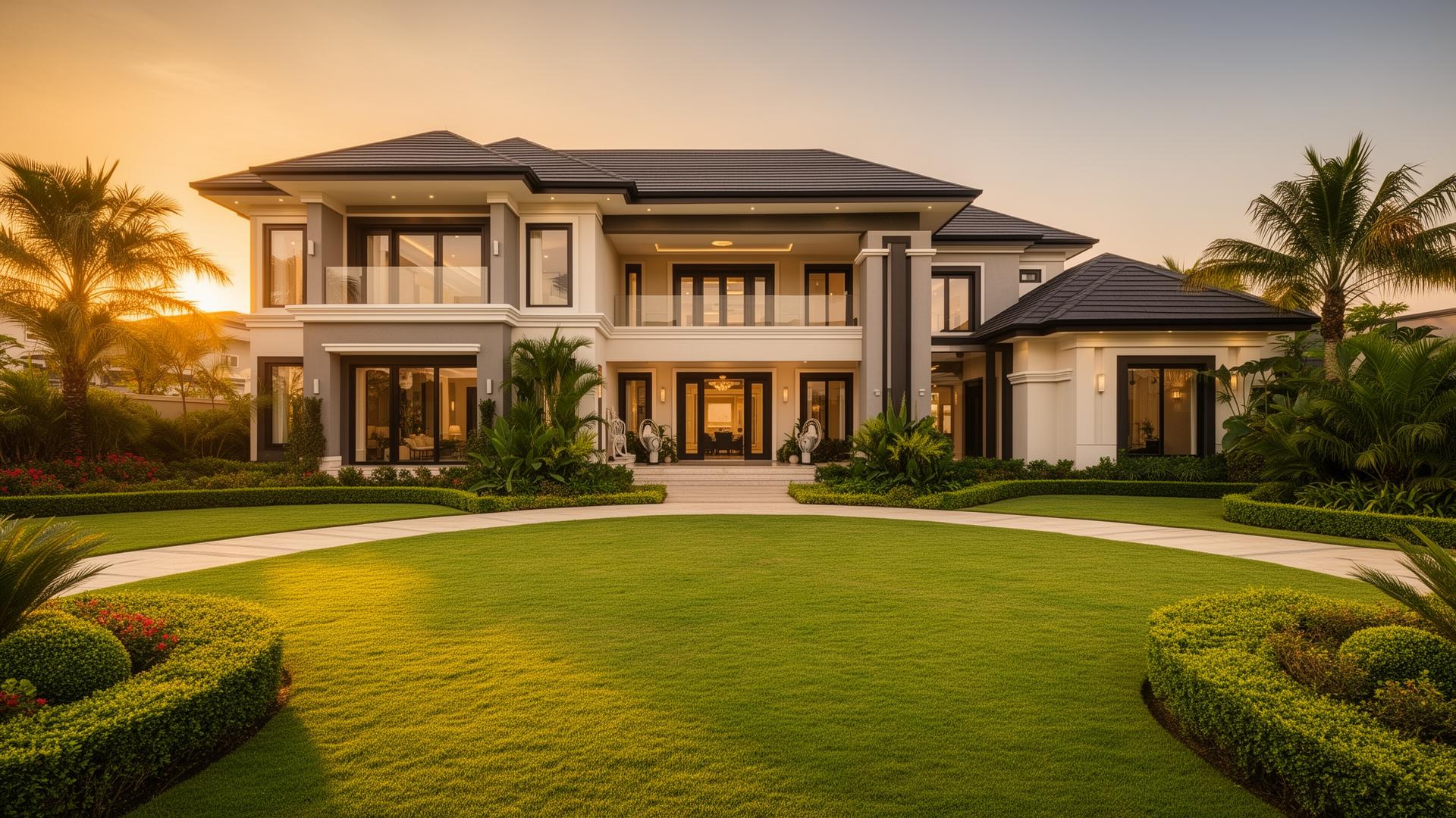 Beautiful luxury home with manicured lawn and elegant architecture