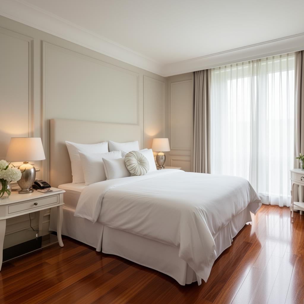 Luxury bedroom with crisp white linens and elegant decor — a premium residential cleaning result by Merak Cleaning Solutions